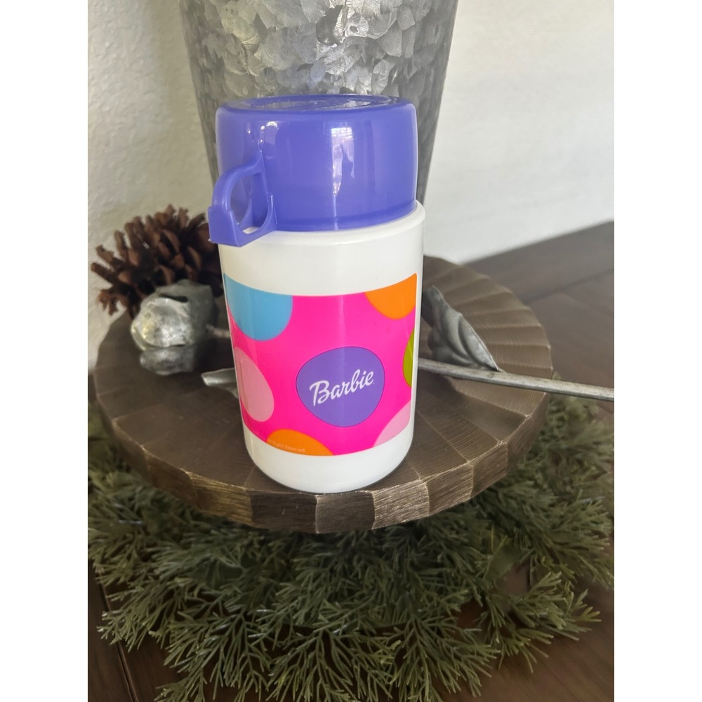 Vintage Barbie Thermos Polka Dot Insulated Drink Bottle Purple Lid White Cup